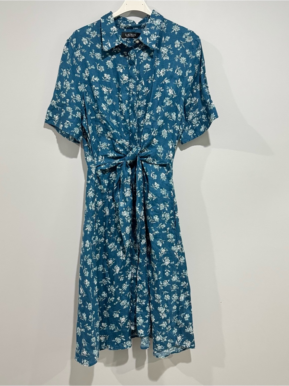 NWT Ralph Lauren Linen Teal Floral Tie-Waist Shirt Dress 14